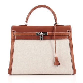Hermes Kelly Handbag Toile and Brown Barenia with Palladium Hardware 32 Brown
