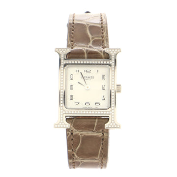 Hermes Heure H Quartz Watch Stainless Steel and Crocodile with Diamond Bezel and Mother of Pearl 21