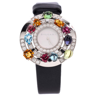 Bvlgari Astrale Quartz Watch White Gold and Satin with Partial Diamond and Gemstone Bezel 36