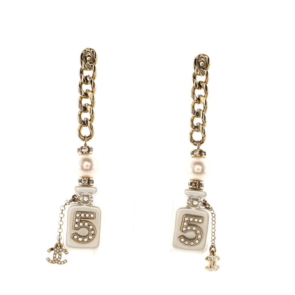 Chanel CC No.5 Perfume Bottle Chain Drop Earrings Metal and Resin with Faux  Pearls and Crystals Gold 1553541