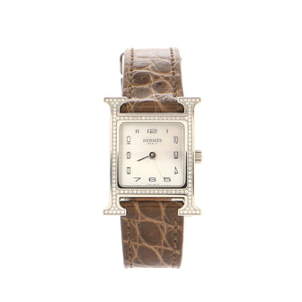 Hermes Heure H Quartz Watch Stainless Steel and Alligator with Diamond Bezel and Mother of Pearl 21