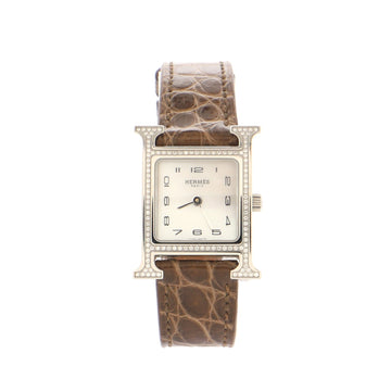 Hermes Heure H Quartz Watch Stainless Steel and Alligator with Diamond Bezel and Mother of Pearl 21