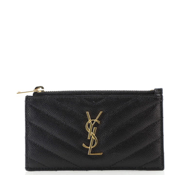 Saint Laurent Monogram Fragments Zip Card Holder Matelasse Chevron Leather