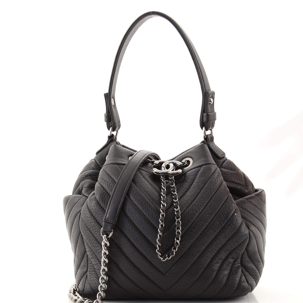 Chanel CC Chain Drawstring Bucket Bag Chevron Sheepskin Small Black 1554921