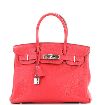 Hermes Birkin Handbag Red Clemence with Palladium Hardware 30