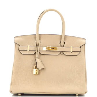 Hermes Birkin Handbag Light Clemence with Gold Hardware 30