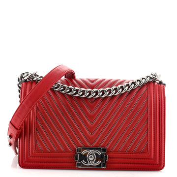 Chanel Boy Flap Bag Chevron Calfskin with Micro Chain Detail Old Medium