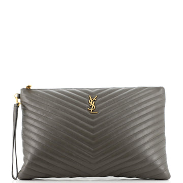 Saint Laurent Classic Monogram Wristlet Pouch Matelasse Chevron Leather Large