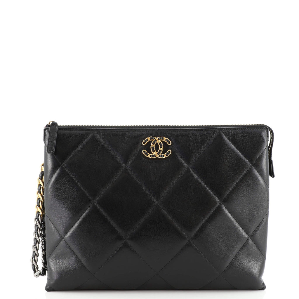 Chanel 19 Wristlet Pouch with Handle Quilted Goatskin Large Black 1557551