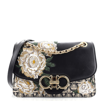 Salvatore Ferragamo Mufasa Flap crossbody Bag Embroidered Leather and Gancini Jacquard