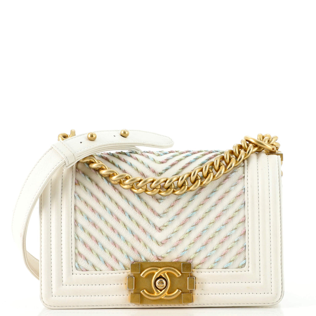Chanel By The Sea Boy Flap Bag Chevron Embroidered Calfskin Small White  1559641