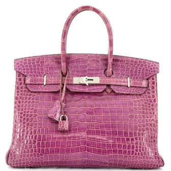 Hermes Birkin Handbag Purple Shiny Porosus Crocodile with Palladium Hardware 35