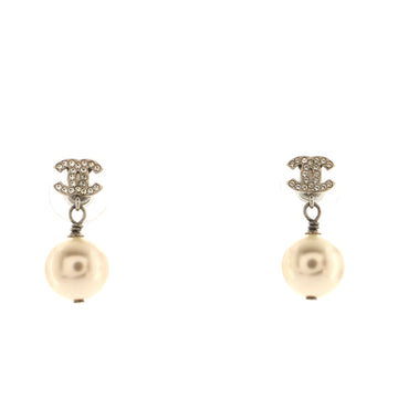 Chanel CC Dangle Earrings Crystal Embellished Metal with Faux Pearls