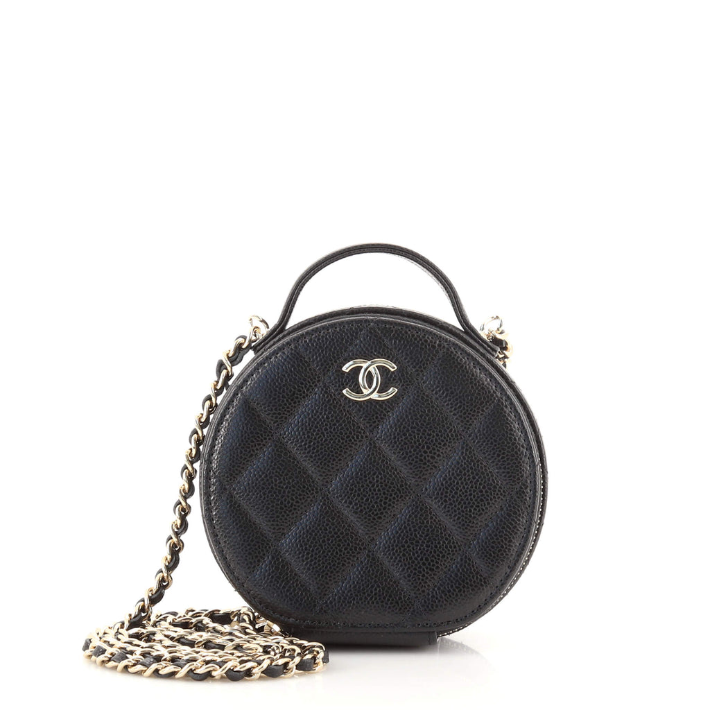 Chanel Handle With Care Round Vanity Case with Chain Quilted Caviar Small  Black 156356156