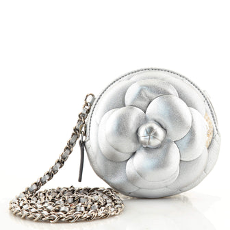Metallic Chevre Silver Camellia Embossed Round Clutch with Chain Silver  Hardware, 2019