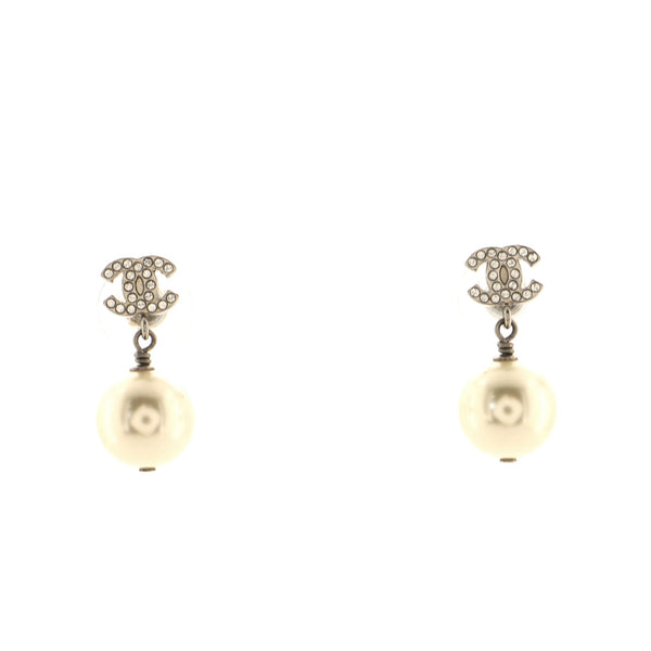 CHANEL Pearl CC Double Heart Drop Earrings Gold 914280