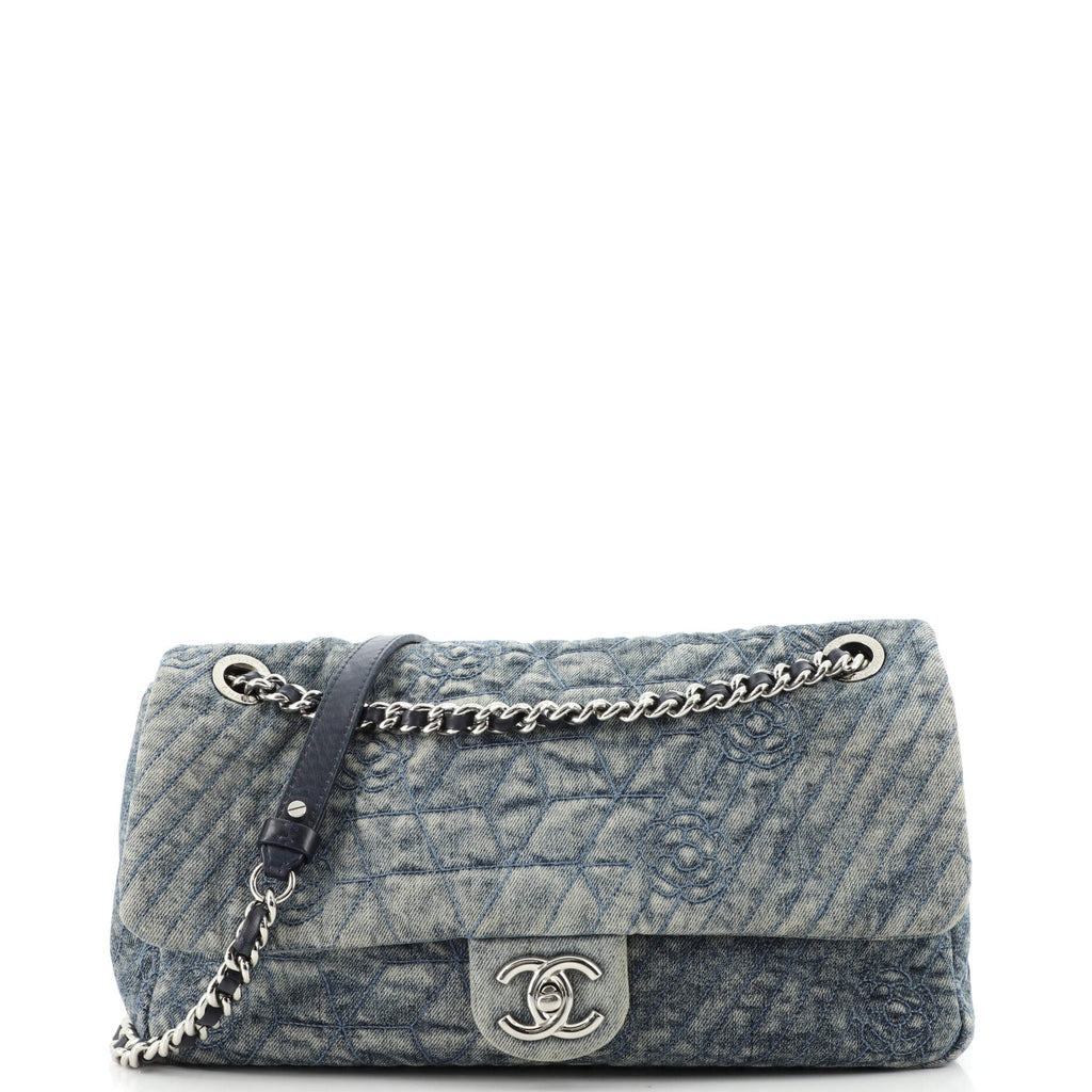Chanel Chain Flap Bag Camellia Denim Large Blue 1565211
