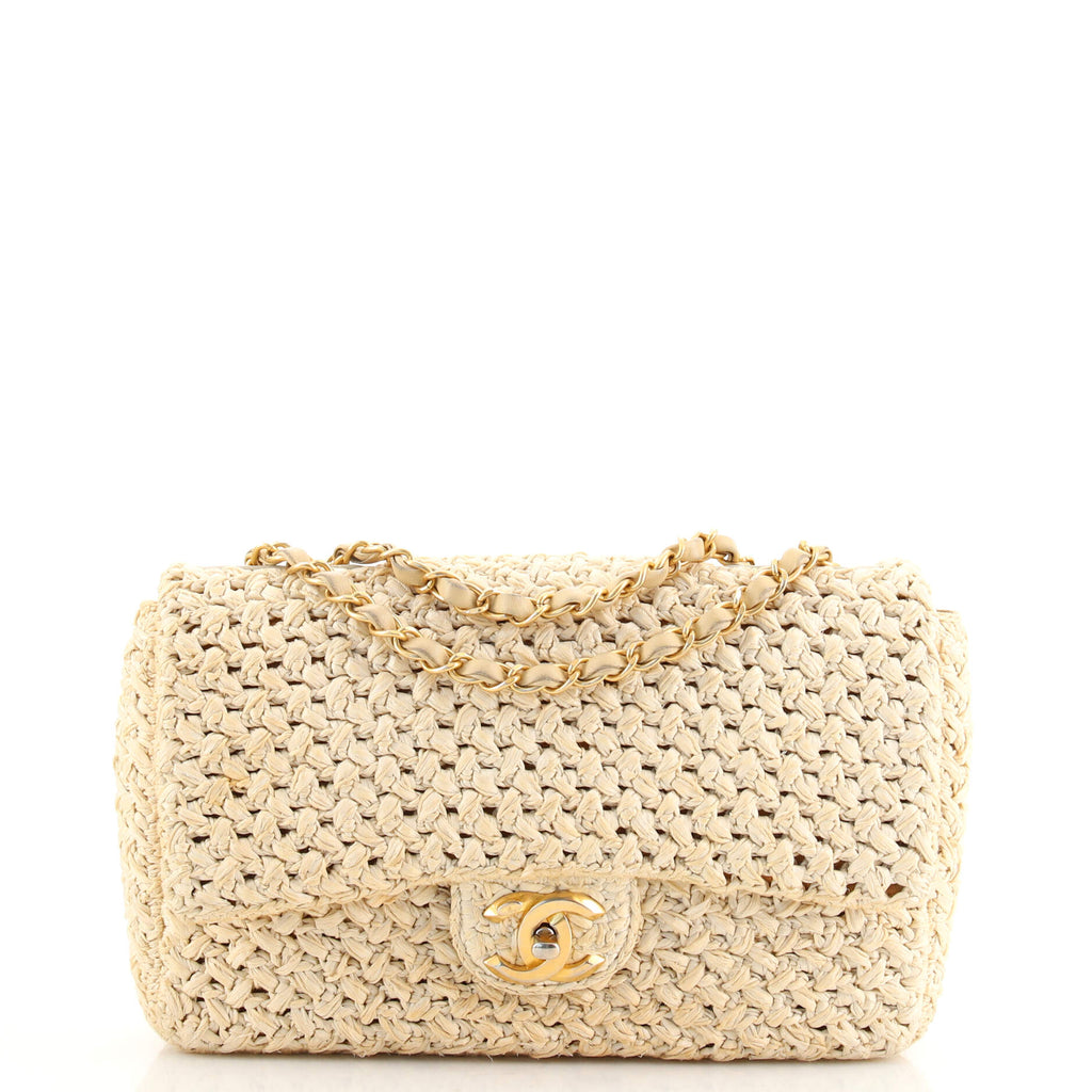 Chanel Cream White Raffia Sequin Single Flap Bag