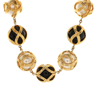 Christian Dior Vintage Openwork Sphere Necklace Metal with Faux Pearls and Resin