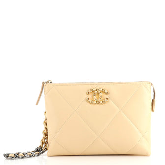 CHANEL Shiny Goatskin Quilted Chanel 19 Small Pouch With Handle Beige  607469