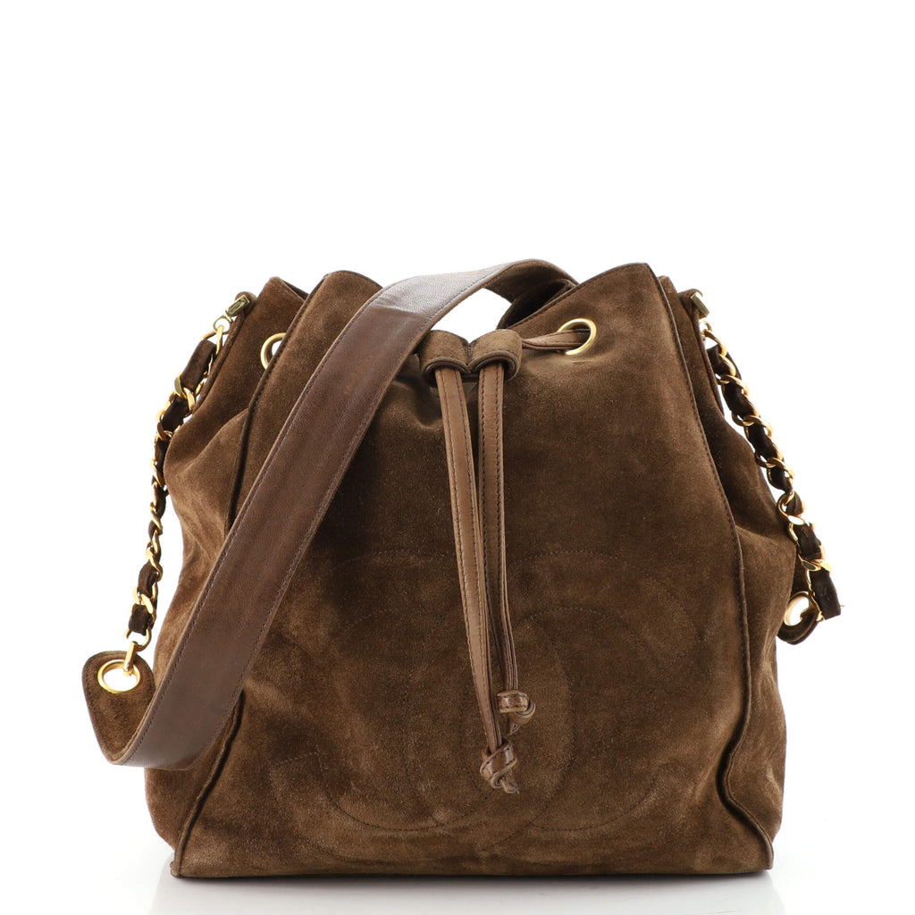 Chanel Vintage Timeless Drawstring Bucket Bag Suede Medium Brown 1566941