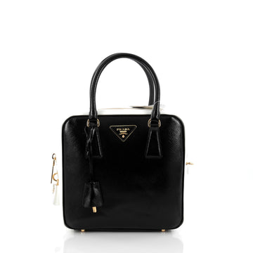 Prada Bicolor Squared Convertible Bauletto Handbag Vernice Saffiano Leather Small Black
