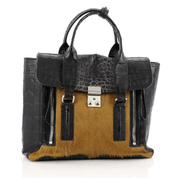 3.1 Phillip Lim Pashli Satchel Crocodile Embossed Leather and Calf Hair Medium black
