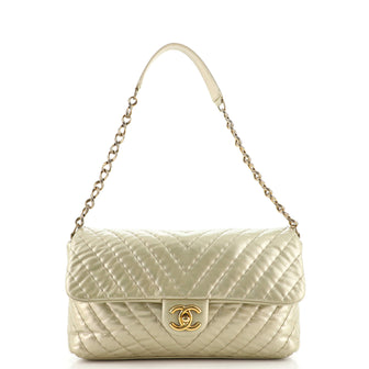 Chanel Surpique Chevron Flap Bag Quilted Iridescent Calfskin Jumbo Gold  1570881