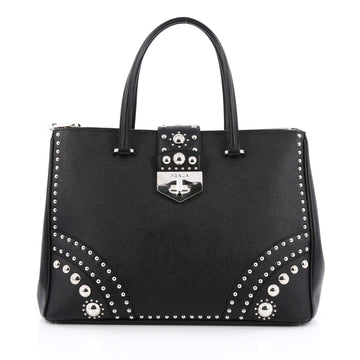 Prada Turnlock Double Zip Tote Studded Saffiano Leather Medium Black