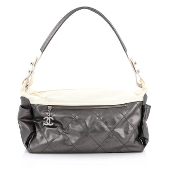 Chanel Biarritz Hobo Quilted Coated Canvas Large Gray