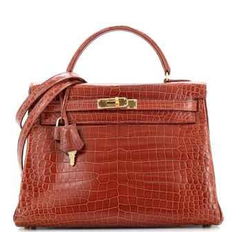 Hermes Kelly Handbag Brown Matte Porosus Crocodile with Gold Hardware 32