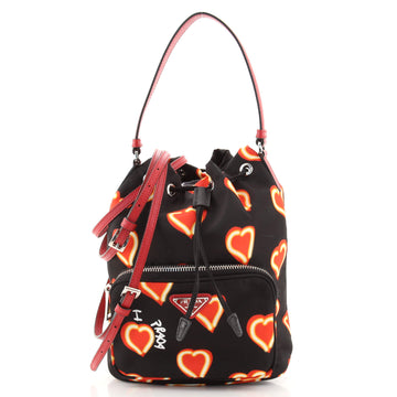 Prada Drawstring Bucket Bag Printed Tessuto Small