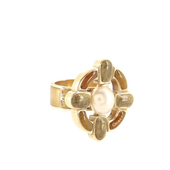 Chanel Round Logo Ring Metal with Glitter Resin and Faux Pearl