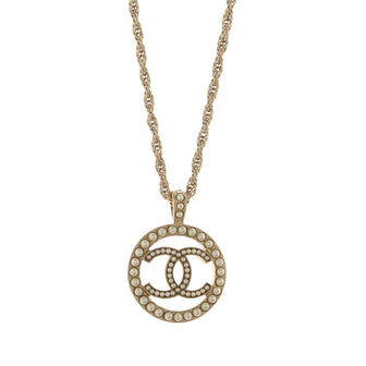 Chanel CC Round Pendant Necklace Metal with Faux Pearls