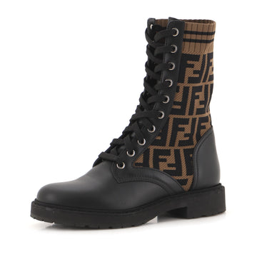 Fendi Women's Rockoko Combat Boots Leather and Zucca Knit Stretch Fabric