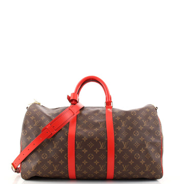 Louis Vuitton Keepall Bandouliere Bag Monogram Canvas with Coquelicot Leather Trim 50
