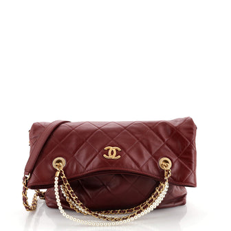 CHANEL Red Quilted Leather Flap Bag with Pearl and Chain Strap