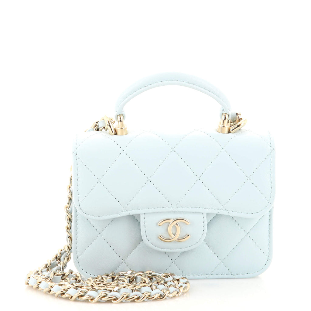 Chanel Top Handle Flap Coin Purse with Chain Quilted Lambskin Blue 1583313