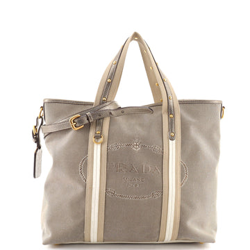 Prada Logo Convertible Tote Canvas with Studded Leather Large