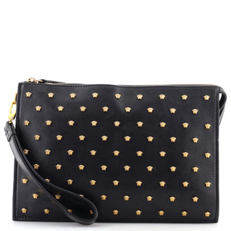 Versace Medusa Zip Wristlet Clutch Studded Leather Medium