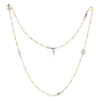 Chanel CC Single Strand Long Necklace Metal with Faux Pearls and Crystals
