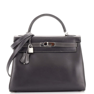 Hermes Kelly Handbag Grey Box Calf with Palladium Hardware 32