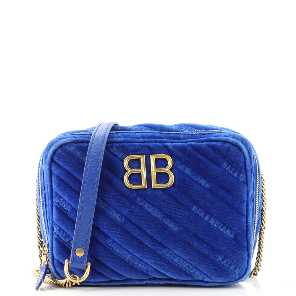 Balenciaga BB Reporter Shoulder Bag Quilted Embroidered Velvet XS Blue  15857021