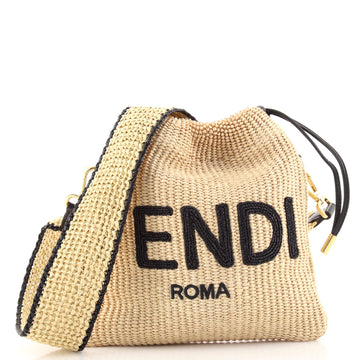 Fendi Logo Drawstring Bag Raffia with Leather