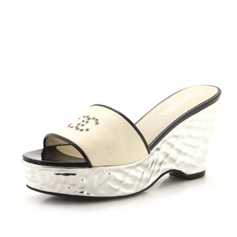 Chanel Women's CC Slide Wedge Sandals Grommet Embellished Leather and Hammered Metal