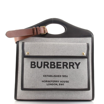 Burberry Logo Pocket Tote Canvas with Leather Large