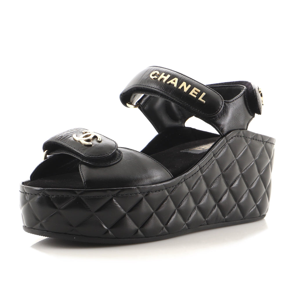 Chanel Women's Logo Velcro Strap Wedge Sandals Quilted Shiny Calfskin Black  15879233