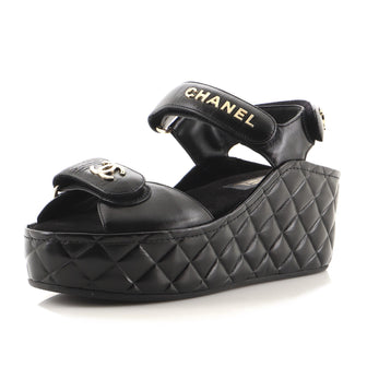 Chanel Women's Logo Velcro Strap Wedge Sandals Quilted Shiny Calfskin