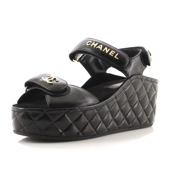 Women's Logo Velcro Strap Wedge Sandals Quilted Shiny Calfskin