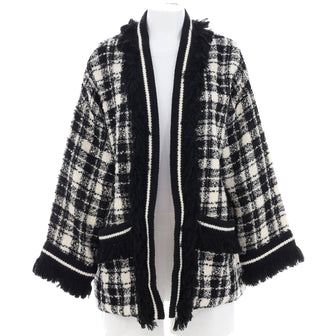 Gucci Women's Checkered Open Jacket with Fringe Detail Wool Blend